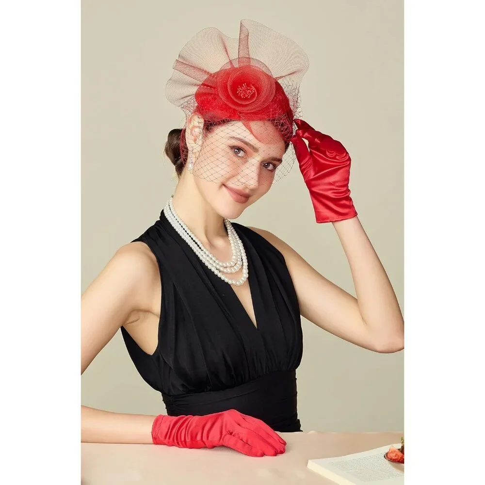Women's Short Red Satin Silk Gloves Banquet Wedding Party Costume Accessories